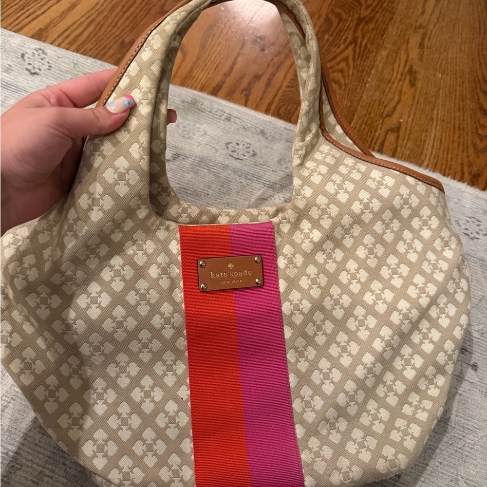 Vintage Kate Spade Beige Shoulder Bag with Pink and Orange Stripe